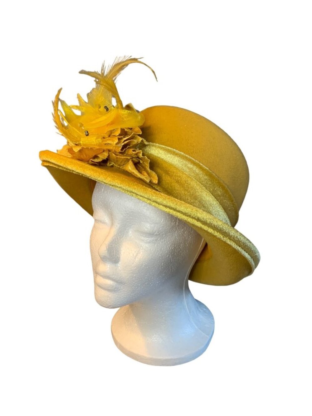 Ladies Gold Wool Hat Feather & Velvet Accents Deborah Fashions Size 23 Vtg
